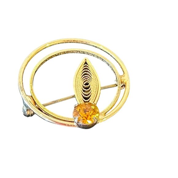 Vintage Gold Double Circle Brooch Leaf Filigree Design Amber Rhinestone 1.25in - Picture 11 of 14